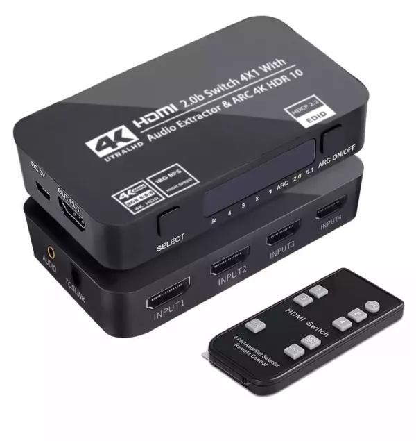 4x1 (4 input ports) 4k HDR HDMI Switch with Audio Extractor (Toslink & 3.5mm Audio Jack)