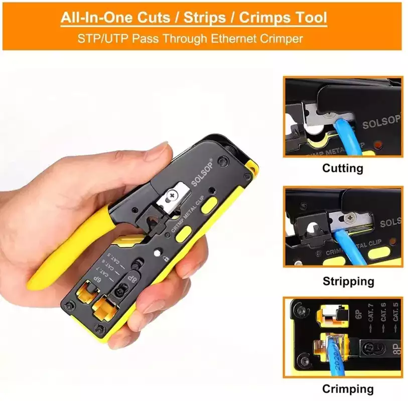 RJ11 & RJ45 eZ Crimping Tool for CAT6/CAT7 Network Connectors with Cable Passthrough