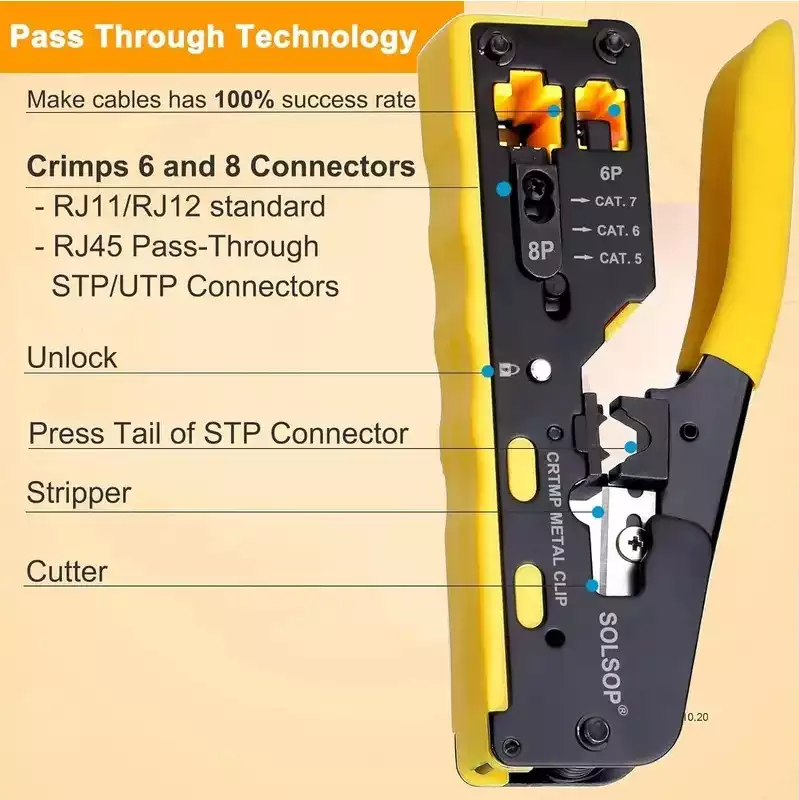 RJ11 & RJ45 eZ Crimping Tool for CAT6/CAT7 Network Connectors with Cable Passthrough