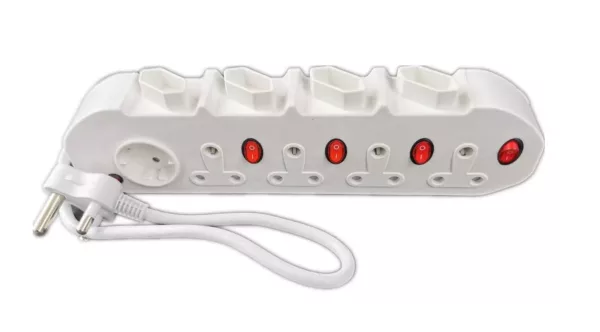 9 Way 220v, 16A Multi Plug Adapter with Surge Protection (4 x 3p, 4 x 2p, 1 x Schuko 2p)