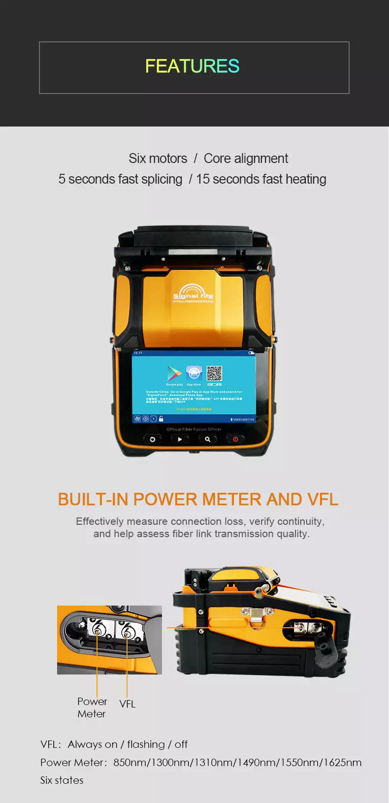 Fiber Fusion Splicer | AI-9 Splice Machine | 6 Motors | Power Meter VFL | Rechargeable Lithium Battery