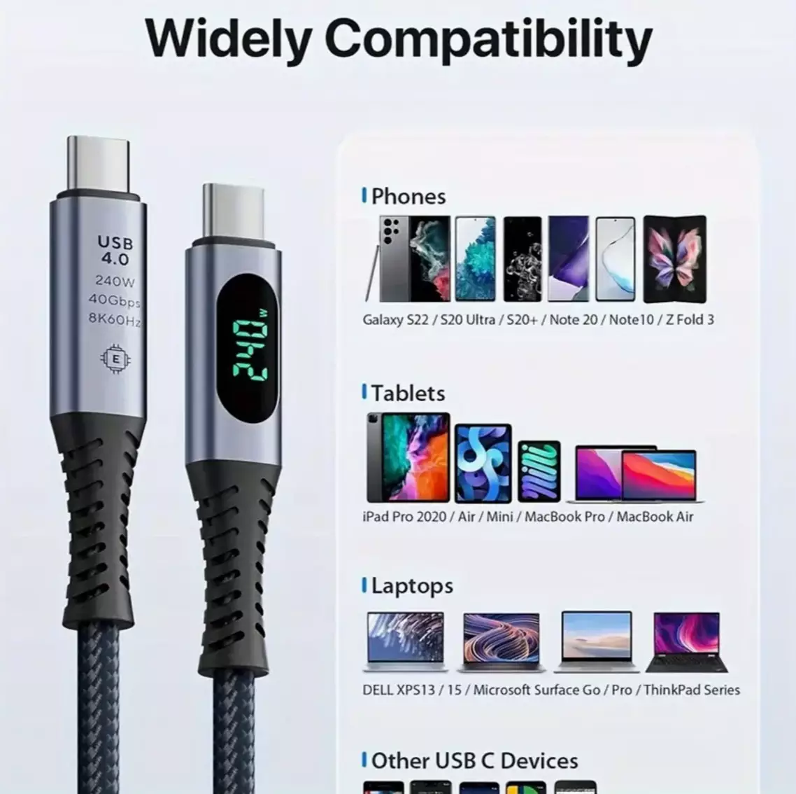 1 Meter USB 4 Cable 40Gbps with Digital Display | PD 240 Watt Max Power | 8K 60hz Display via USB C Displayport Alt Mode