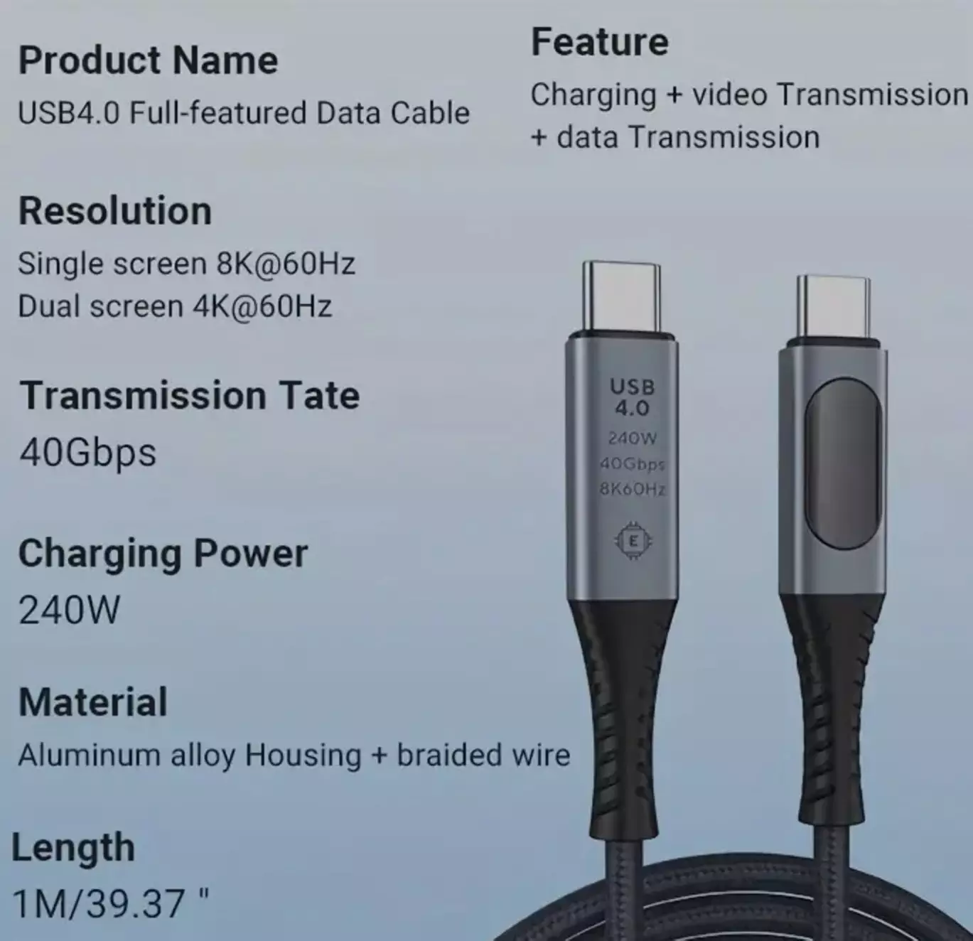 1 Meter USB 4 Cable 40Gbps with Digital Display | PD 240 Watt Max Power | 8K 60hz Display via USB C Displayport Alt Mode