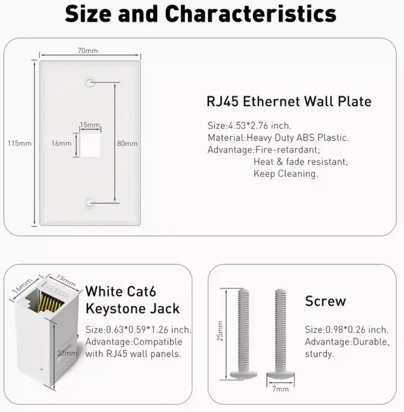 Tool-Less RJ45 Keystone Jack + 4x2 Wall Plate for PC/Laptop/Gaming Console Network Port Outlet on wall or wallbox